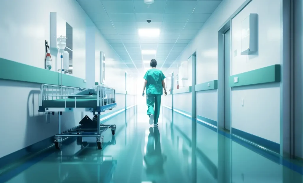 Nurse walking in a hospital hallway