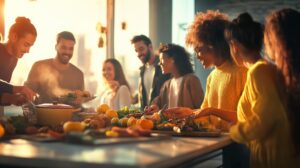 A lively group of friends comes together for a Thanksgiving