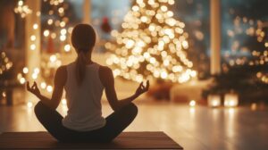 A person sits peacefully in a meditation pose, practicing yoga amidst a warm, festive atmosphere illuminated by glowing Christmas lights and a beautifully decorated tree.